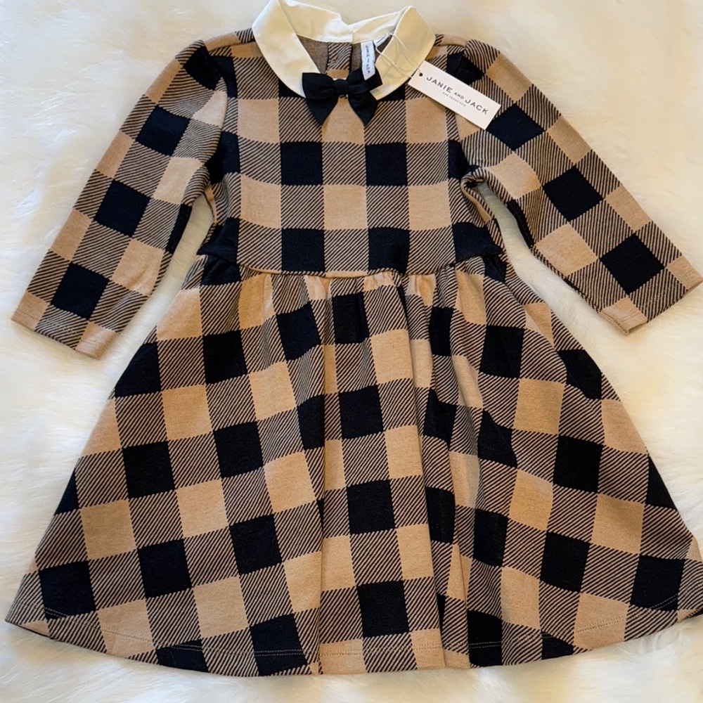 NWT! Janie and Jack Tan and Black A-Line Dress with Peter Pan Collar. Size 6